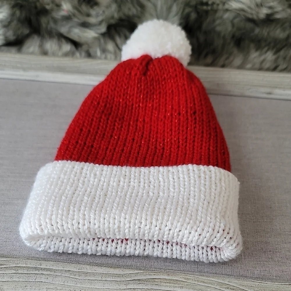 Red and White Knit Beanie with Pom-Pom